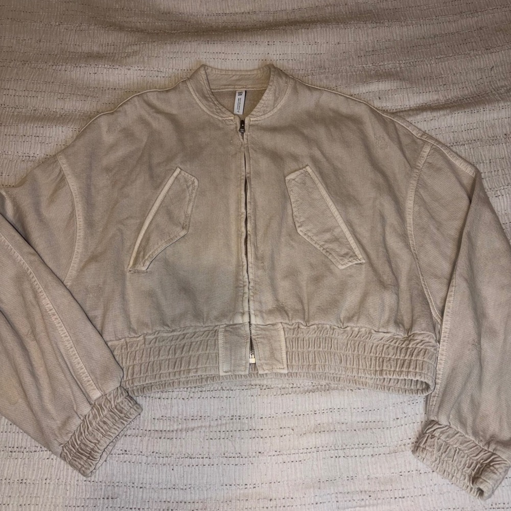 Zara Womens Cropped Bomber Jacket Tan Beige Textured Zip Up Utility Size Small